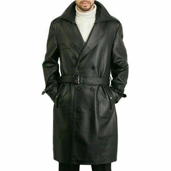 Men Black Coat Leather Trench Coat Lambskin Leather Long Trench Coat