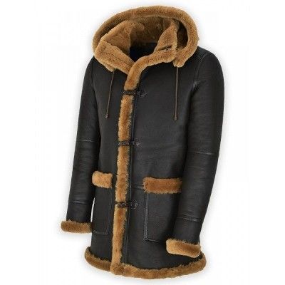 Men's Black Leather Sheepskin Duffle Shearling Coat