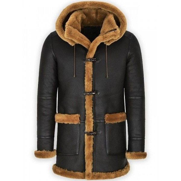 Men's Black Leather Sheepskin Duffle Shearling Coat