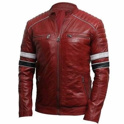 Men's Burgundy Biker Slim Fit Genuine Motorcycle Cafe Racer Leather Ja