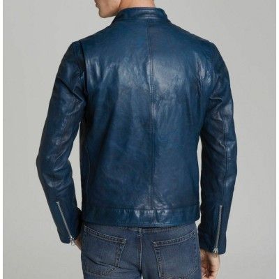 Men's Handmade Navy Blue Lambskin Slim Fit Motorcycle Leather Jacket