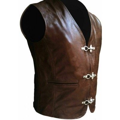 Mens Brown Real Leather Motorbike Motorcycle Biker Rider Casual Vest