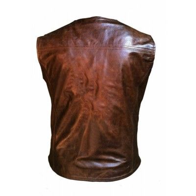 Mens Brown Real Leather Motorbike Motorcycle Biker Rider Casual Vest