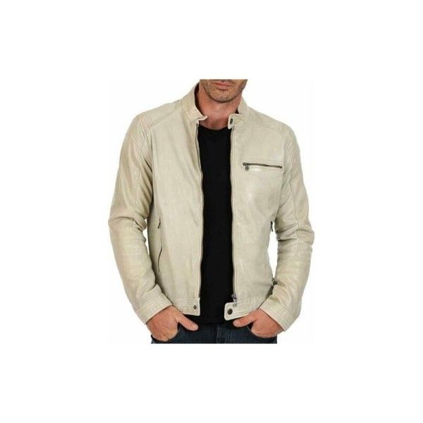 Men's Genuine Lambskin High Quality Leather Beige Stylish Biker Jacket